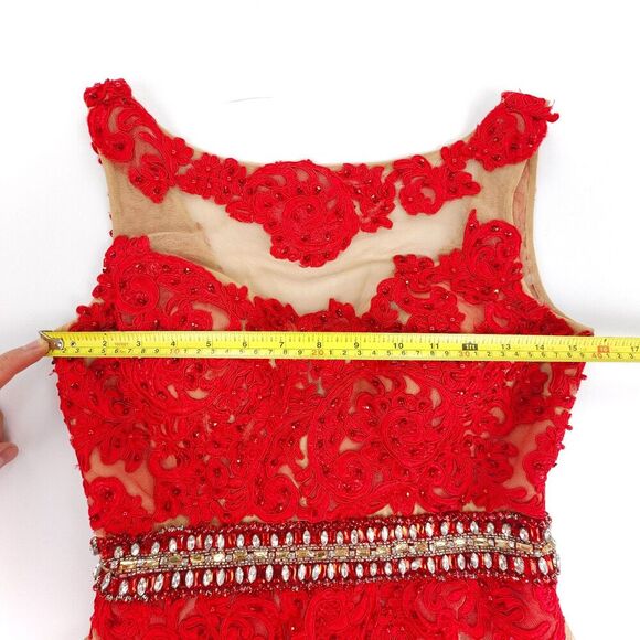 Sherri Hill 32033 Illusion Mesh Rhinestone Embellished Mermaid Prom Gown Red 6 - Picture 4 of 10